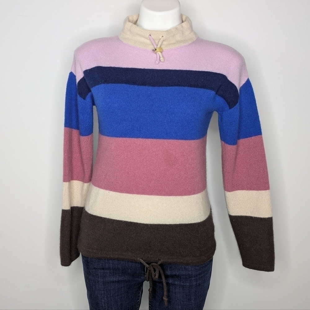 Theory Pink Blue Brown Striped High Neck Cashmere Sweater S